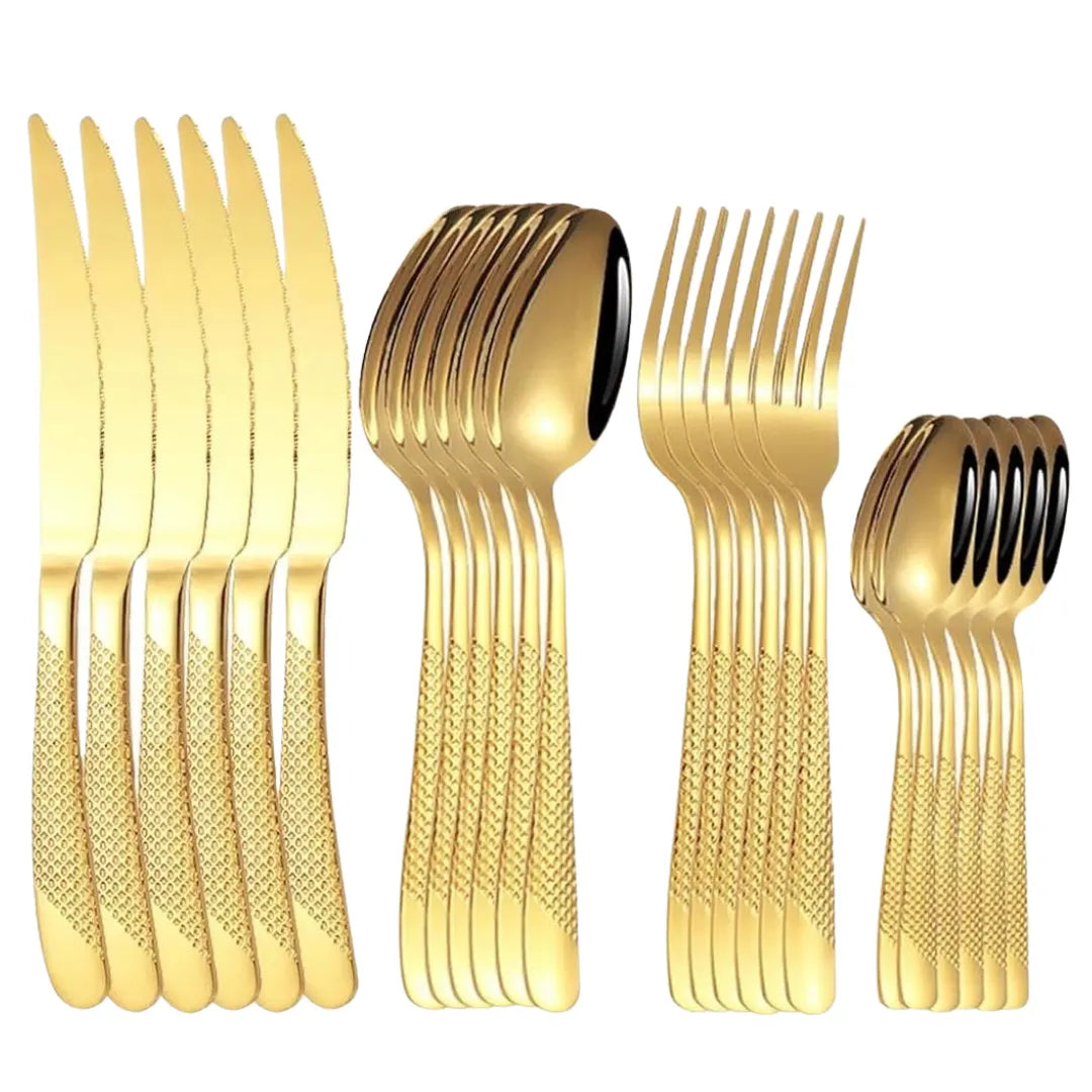 Detalhe do Cabo Texturizado com Acabamento Dourado – Talheres Elegantes em Inox