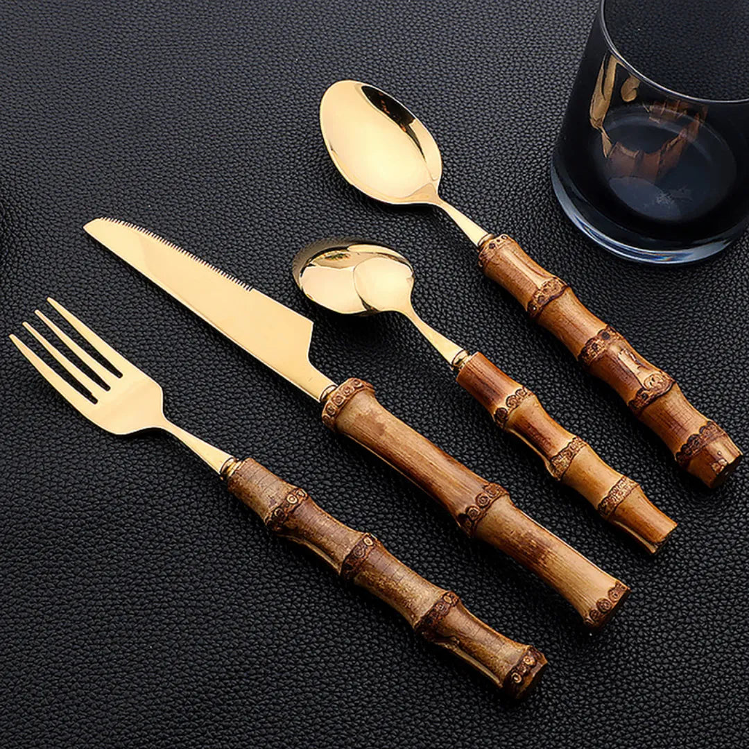 Detalhe do Cabo de Bambu Natural – Talheres Inox com Design Sofisticado e Sustentável