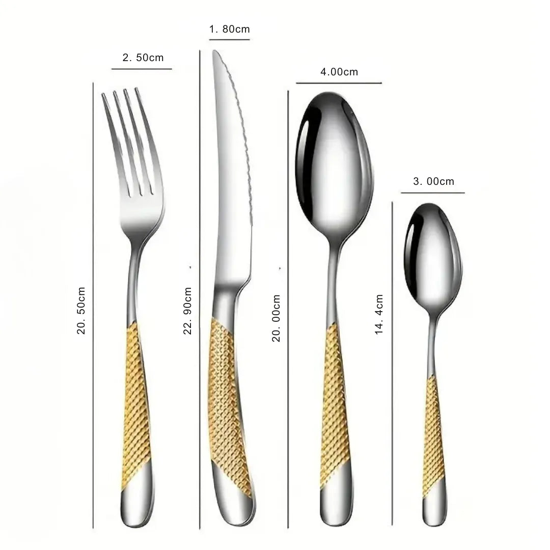 Faqueiro Inox Dourado em Mesa Posta Luxuosa – Ideal para Ocasiões Especiais e Dia a Dia