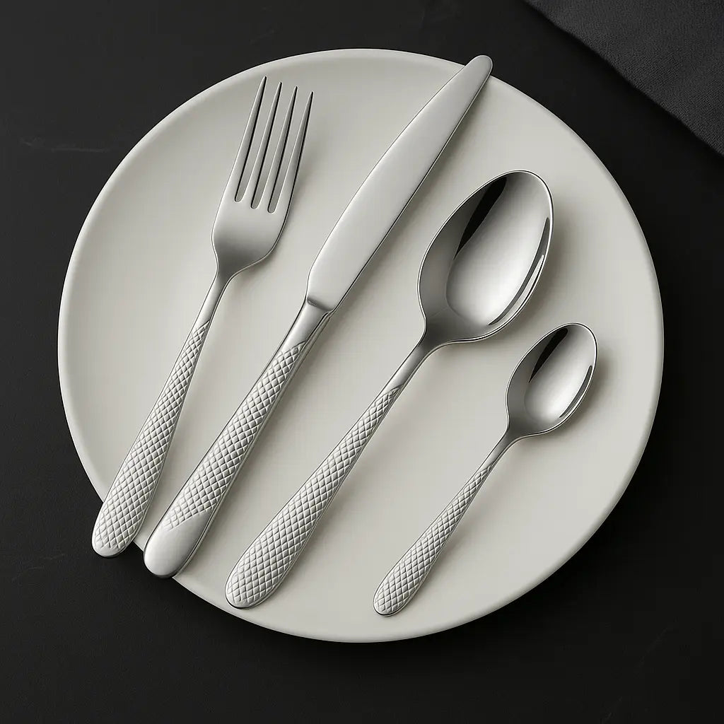 Faqueiro inox 24 peças com cabo texturizado, dispostos sobre prato branco em mesa escura sofisticada