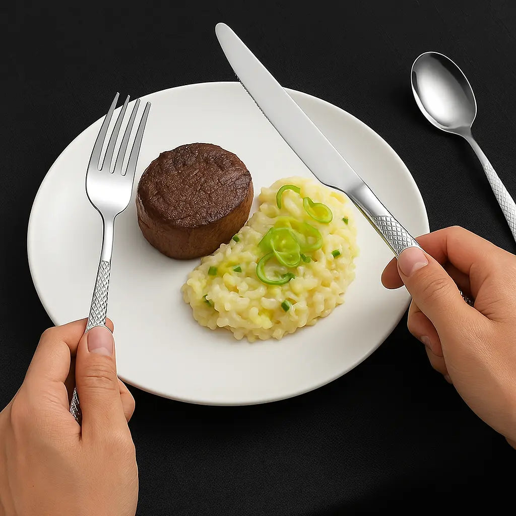 Talheres texturizados nas mãos de uma pessoa em jantar sofisticado com risoto de alho-poró e filé mignon