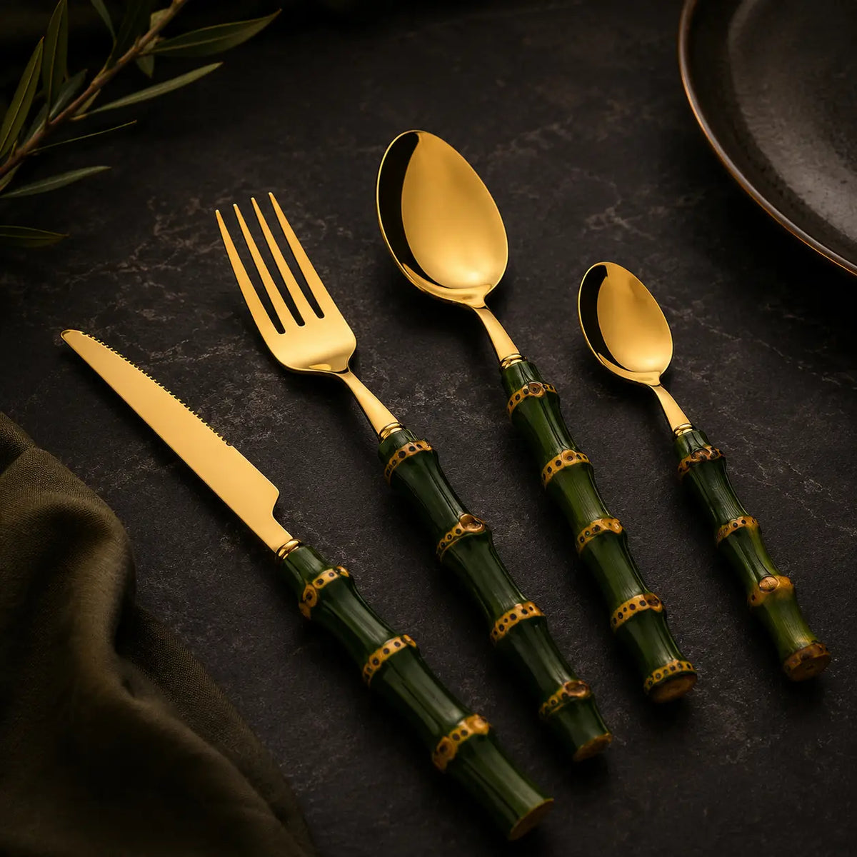 Faqueiro Bambu Verde 24 Peças em Aço Inox Premium