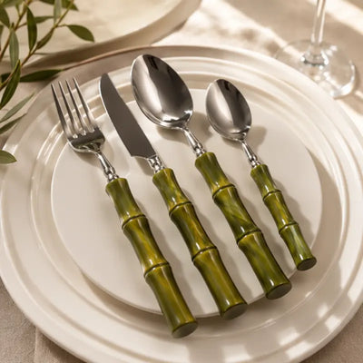 Jogo de Talheres Estilo Bambu Inox 304 Luxo Premium 24 Peças