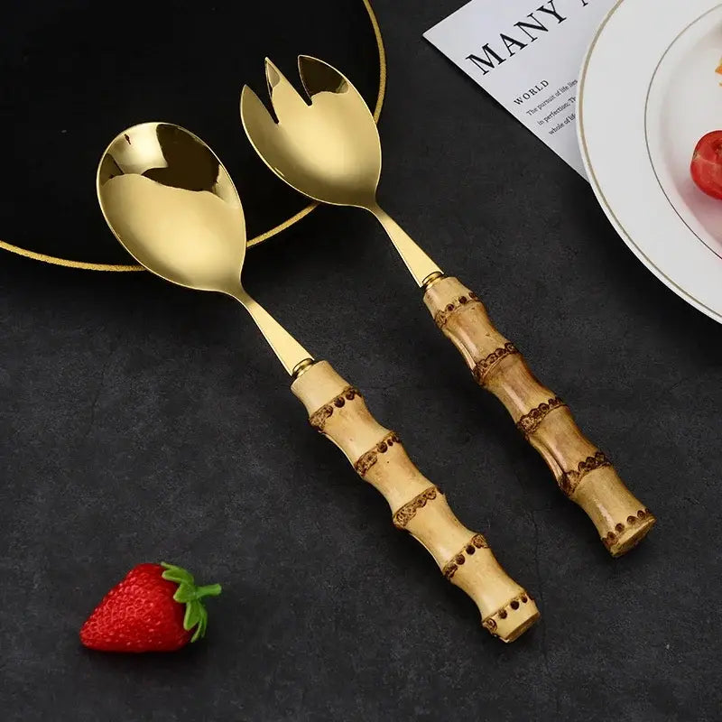 Talheres de Servir Dourado Bambu 4 Peças