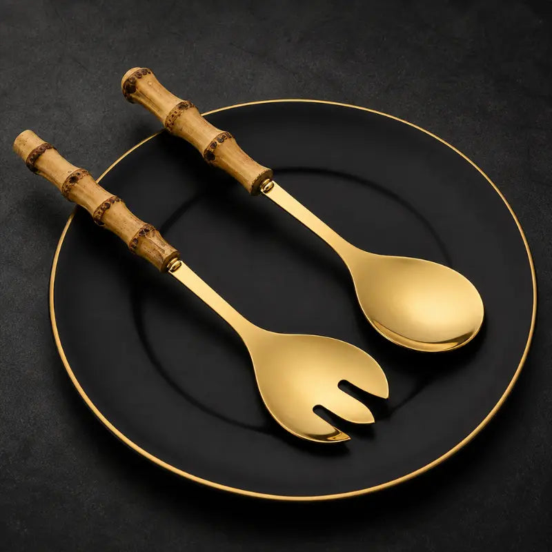 Talheres de Servir Dourado Bambu 4 Peças
