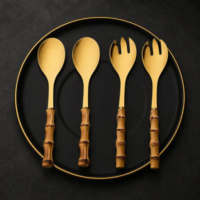 Talheres de Servir Dourado Bambu 4 Peças
