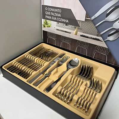 Jogo de talheres inox 24 peças acabamento fosco, estilo minimalista para mesa posta
