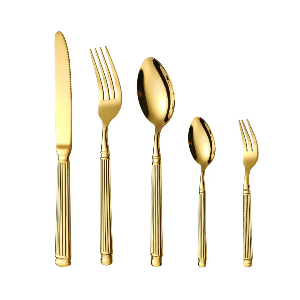 Faqueiro Grand Élysée dourado em aço inox 304, alinhado verticalmente com fundo branco e composição de 25 peças.