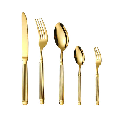 Faqueiro Grand Élysée dourado em aço inox 304, alinhado verticalmente com fundo branco e composição de 25 peças.