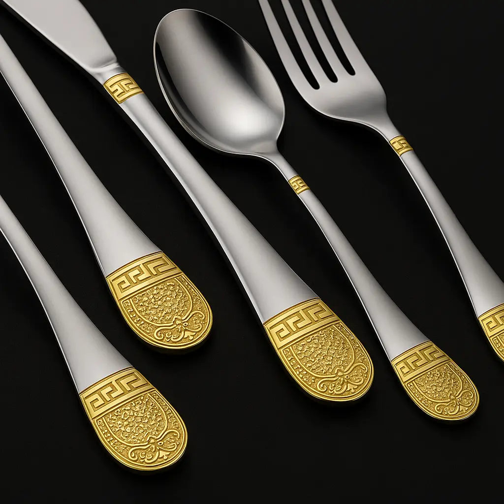 Faqueiro inox 84 peças com banho ouro 24k e maleta de madeira Casa Splendida