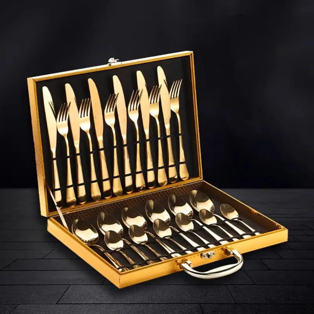 Jogo de talheres inox dourado 24 peças com maleta rígida de luxo Casa Splendida